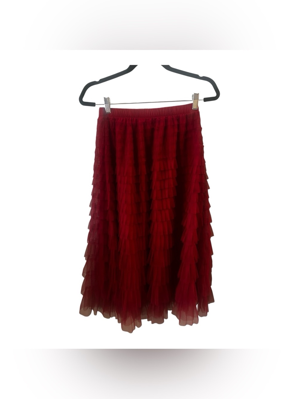 DAZY Red Tulle Tiered Ruffle Midi Skirt | One Size Elastic Waist